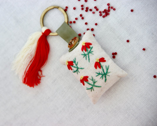 Hand-embroidered Keychain | Red Floral
