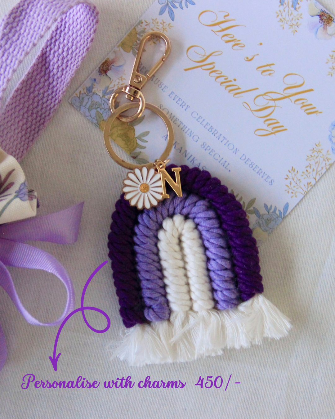 Personalized Macrame Rainbow Keyring | Purple