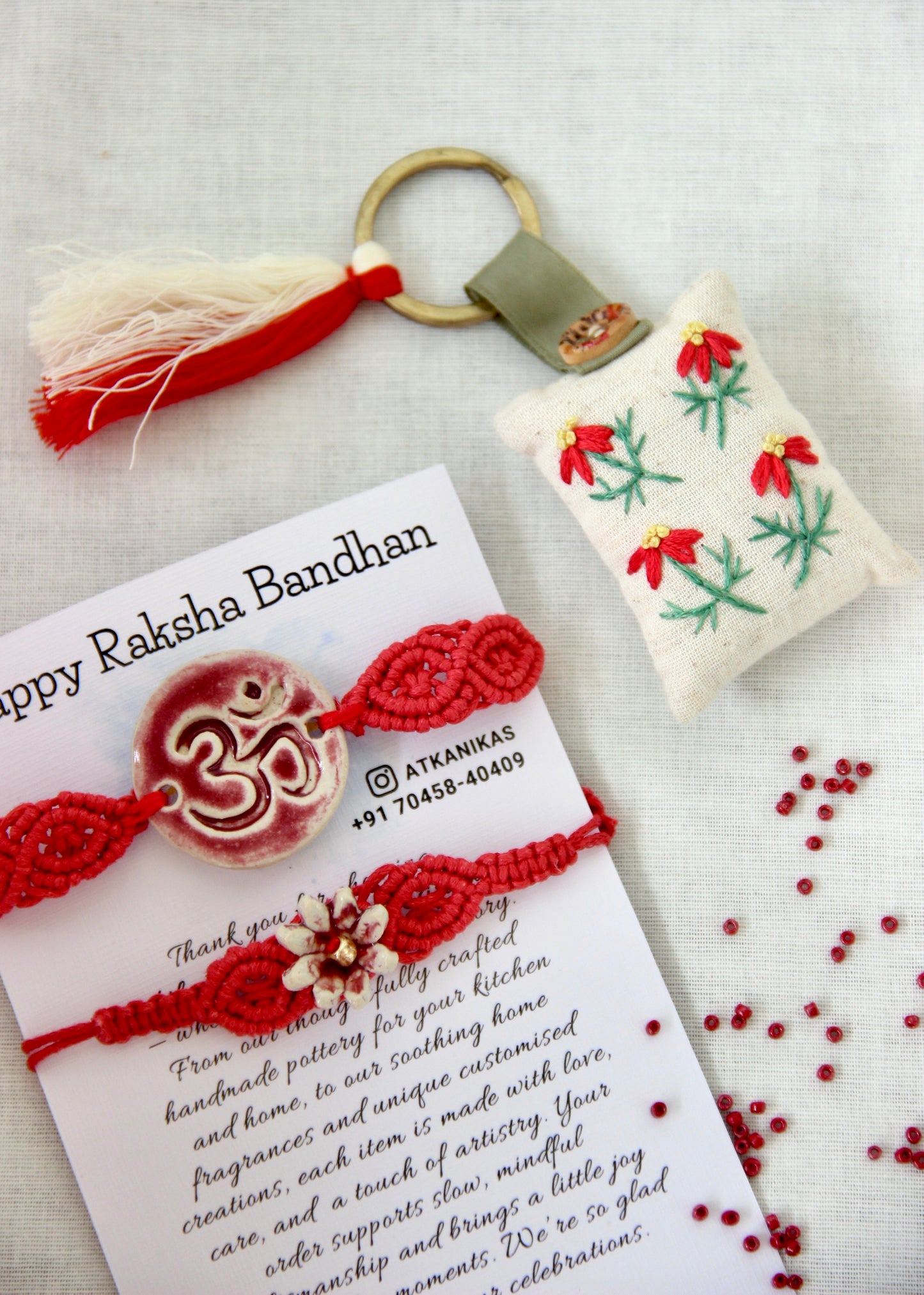 Hand-embroidered Keychain | Red Floral