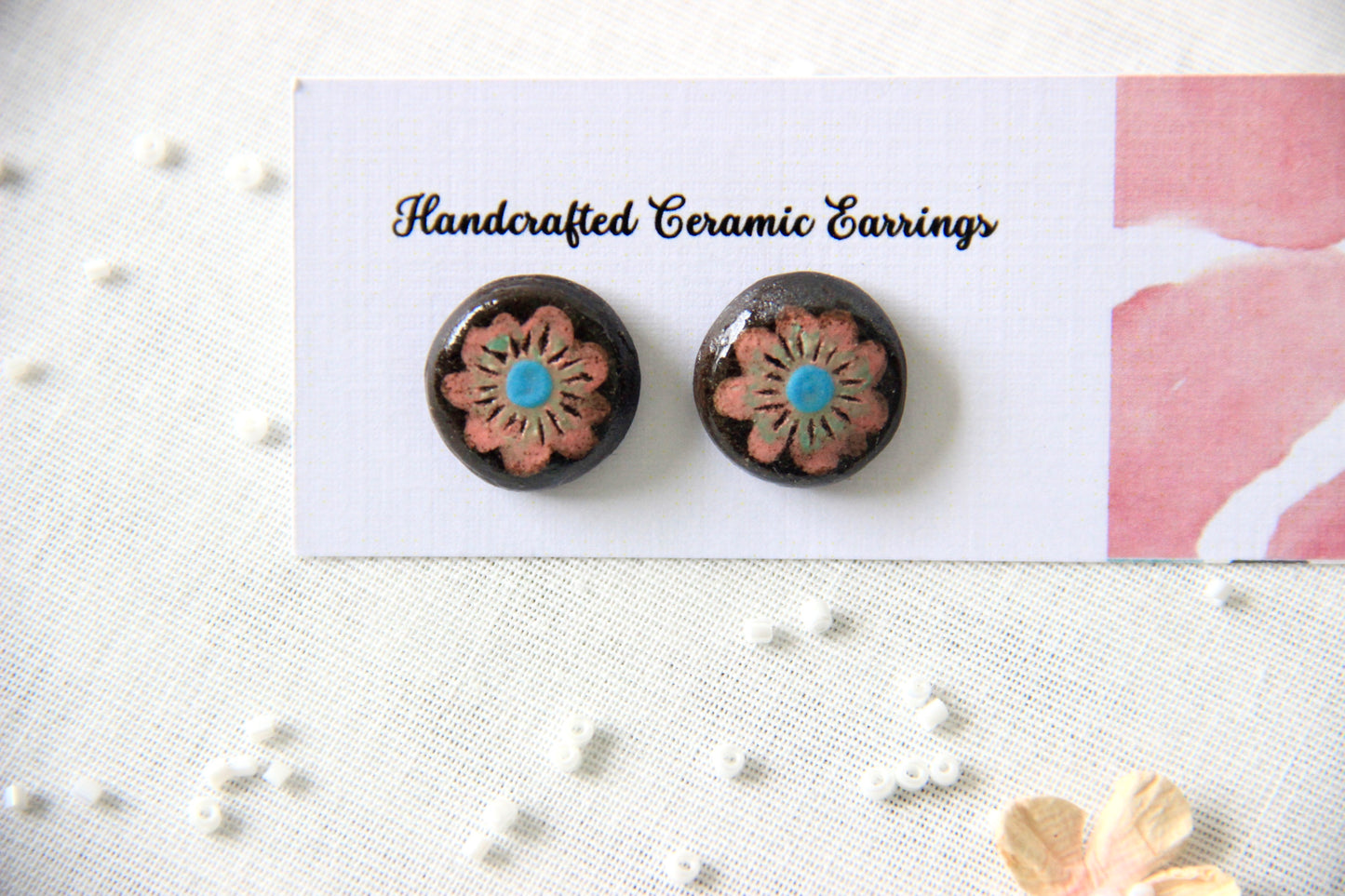 18k Gold Plated Stainless Steel Handmade Ceramic Studs Round | Petal Radiance