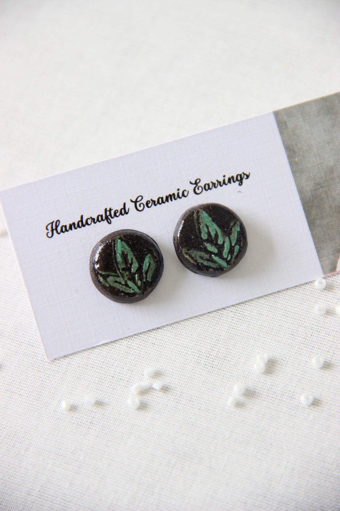 18k Gold Plated Stainless Steel Hand painted Ceramic Studs Round | Forest Whisper