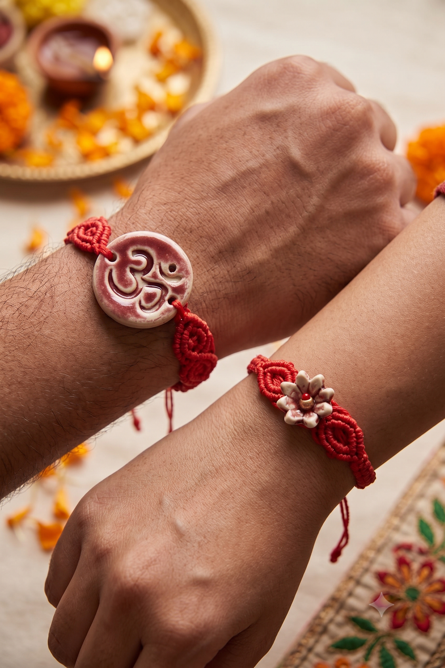 Blessing & Bloom Set - Couple Rakhi for Bhaiya & Bhabhi | Crimson Clay