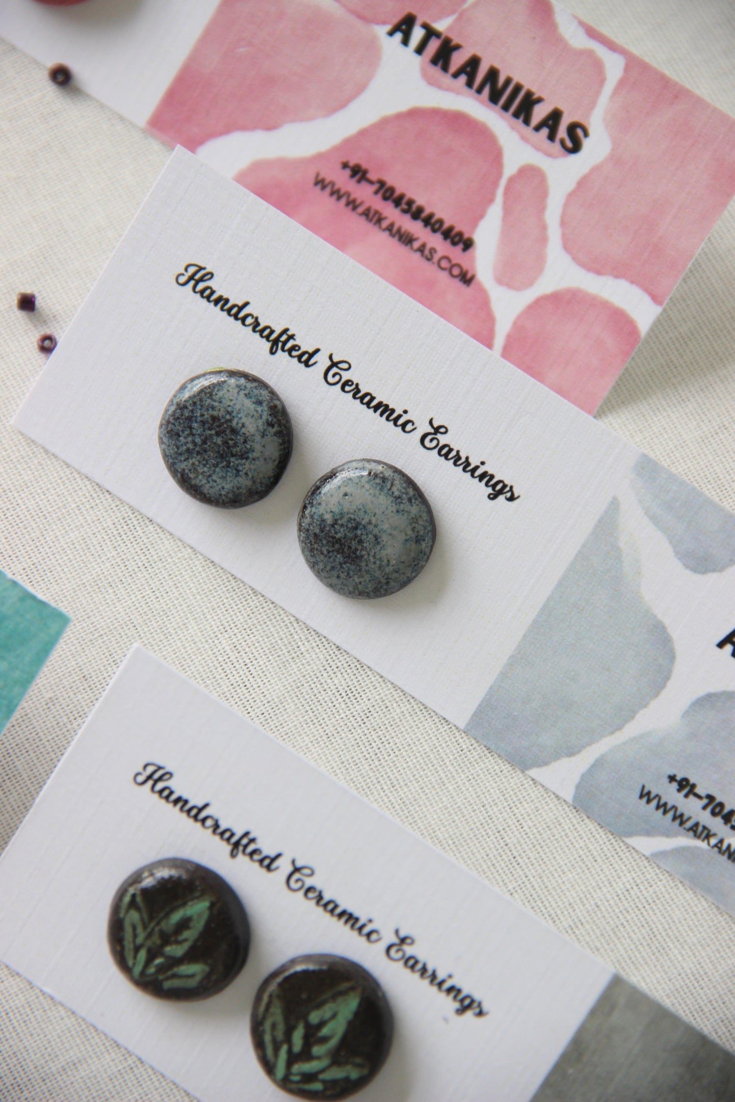 18k Gold Plated Stainless Steel Handmade Ceramic Studs Round | Moonstone