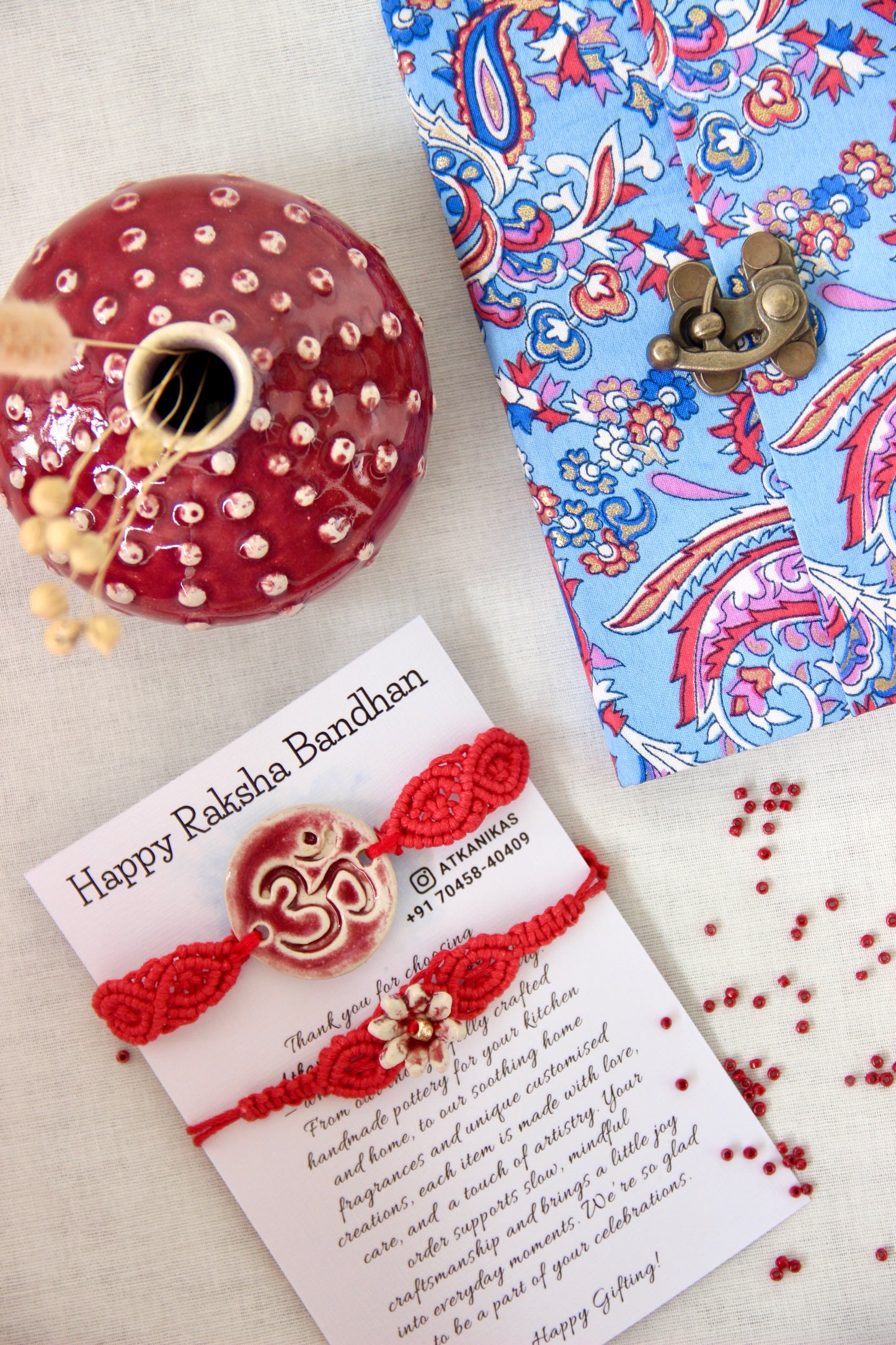 Blessing & Bloom Set - Couple Rakhi for Bhaiya & Bhabhi | Crimson Clay