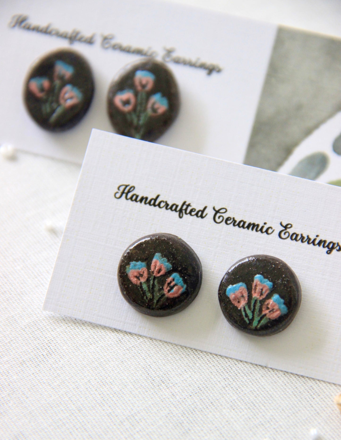18k Gold Plated Stainless Steel Handmade Ceramic Studs Round | Bluebell Bloom
