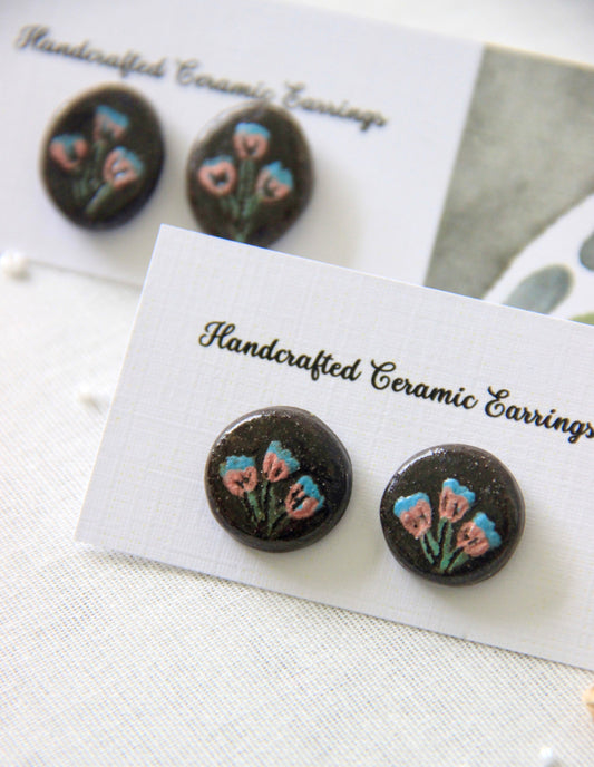 18k Gold Plated Stainless Steel Handmade Ceramic Studs Round | Bluebell Bloom