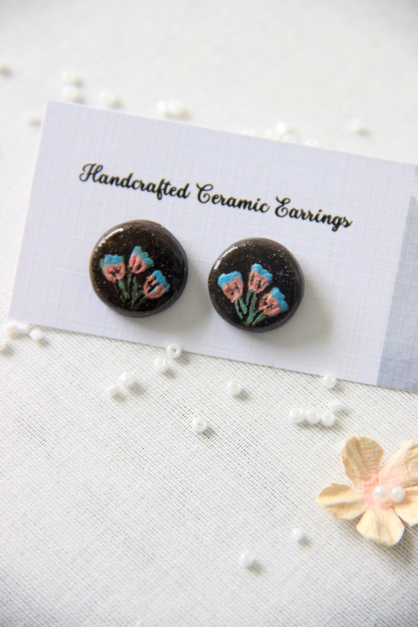 18k Gold Plated Stainless Steel Handmade Ceramic Studs Round | Bluebell Bloom