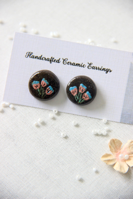 18k Gold Plated Stainless Steel Handmade Ceramic Studs Round | Bluebell Bloom