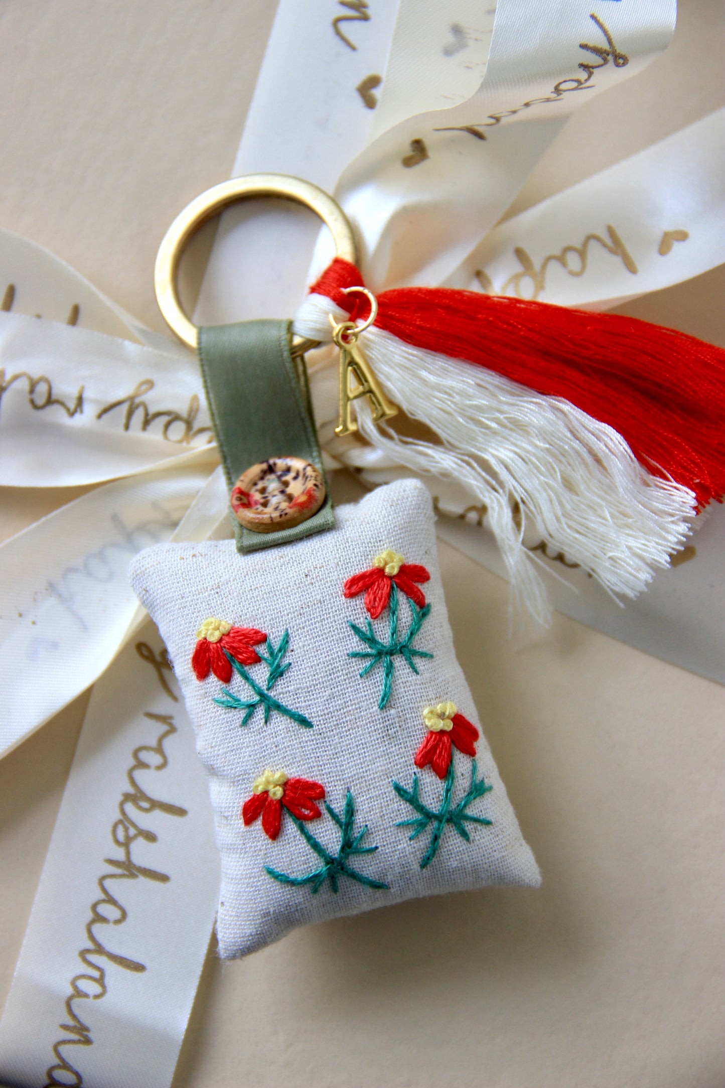 Hand-embroidered Keychain | Red Floral