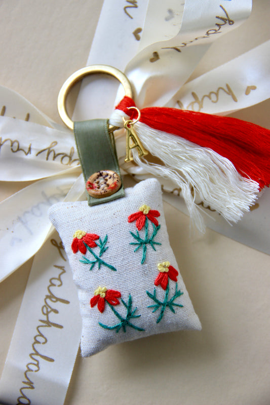 Hand-embroidered Keychain | Red Floral