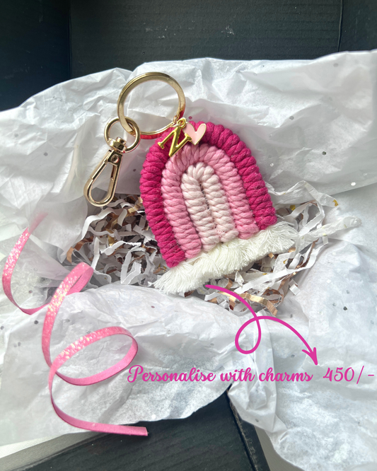 Personalized Macrame Rainbow Keyring | Pink