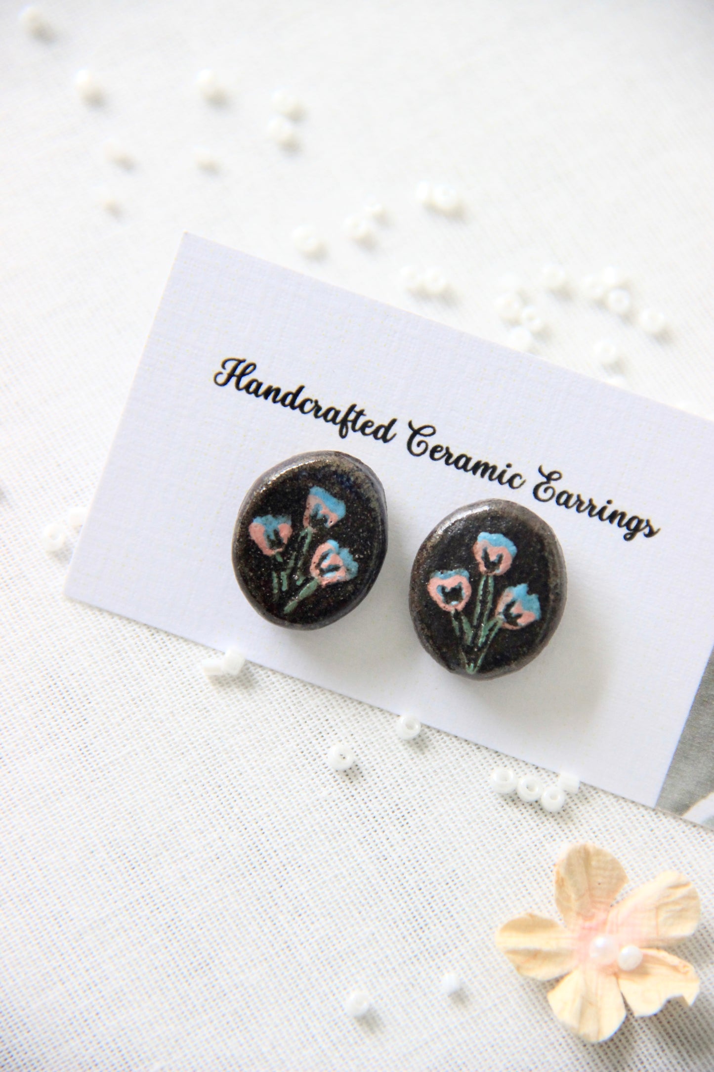 18k Gold Plated Stainless Steel Handmade Ceramic Studs Oval | Bluebell Bloom