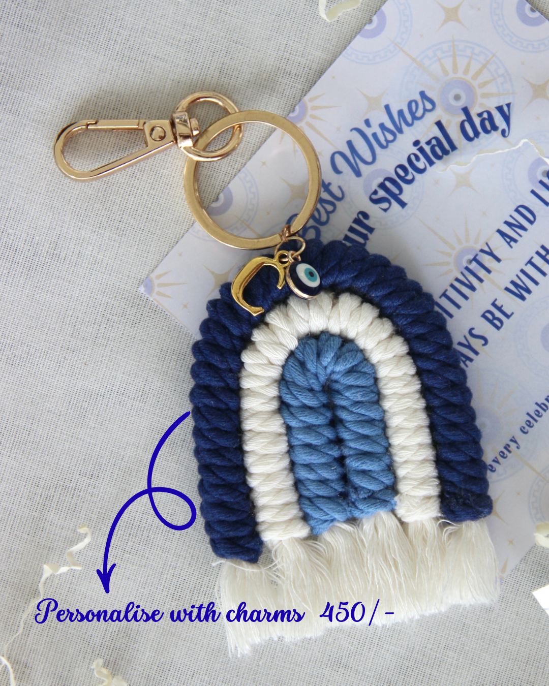 Personalized Macrame Rainbow Keyring | Blue