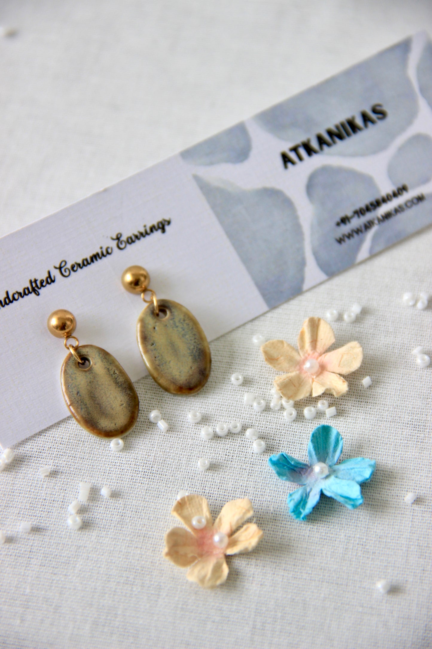 18k Gold Plated Handmade Ceramic Earrings | Moss Stone