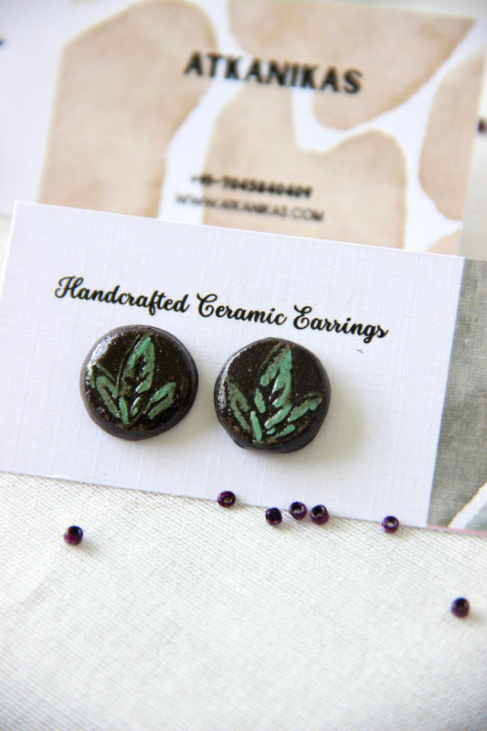 18k Gold Plated Stainless Steel Hand painted Ceramic Studs Round | Forest Whisper