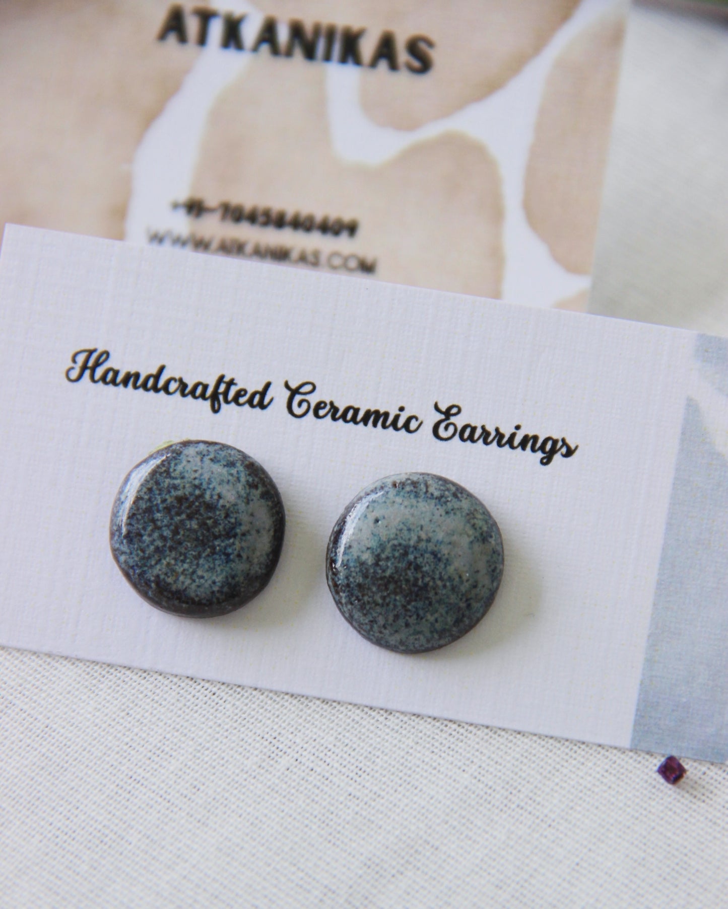 18k Gold Plated Stainless Steel Handmade Ceramic Studs Round | Moonstone