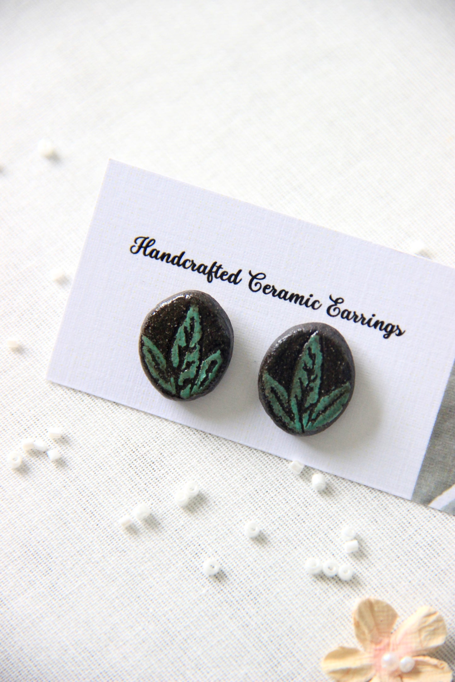 18k Gold Plated Stainless Steel Hand painted Ceramic Studs Oval | Forest Whisper