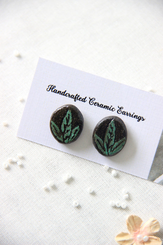 18k Gold Plated Stainless Steel Hand painted Ceramic Studs Oval | Forest Whisper