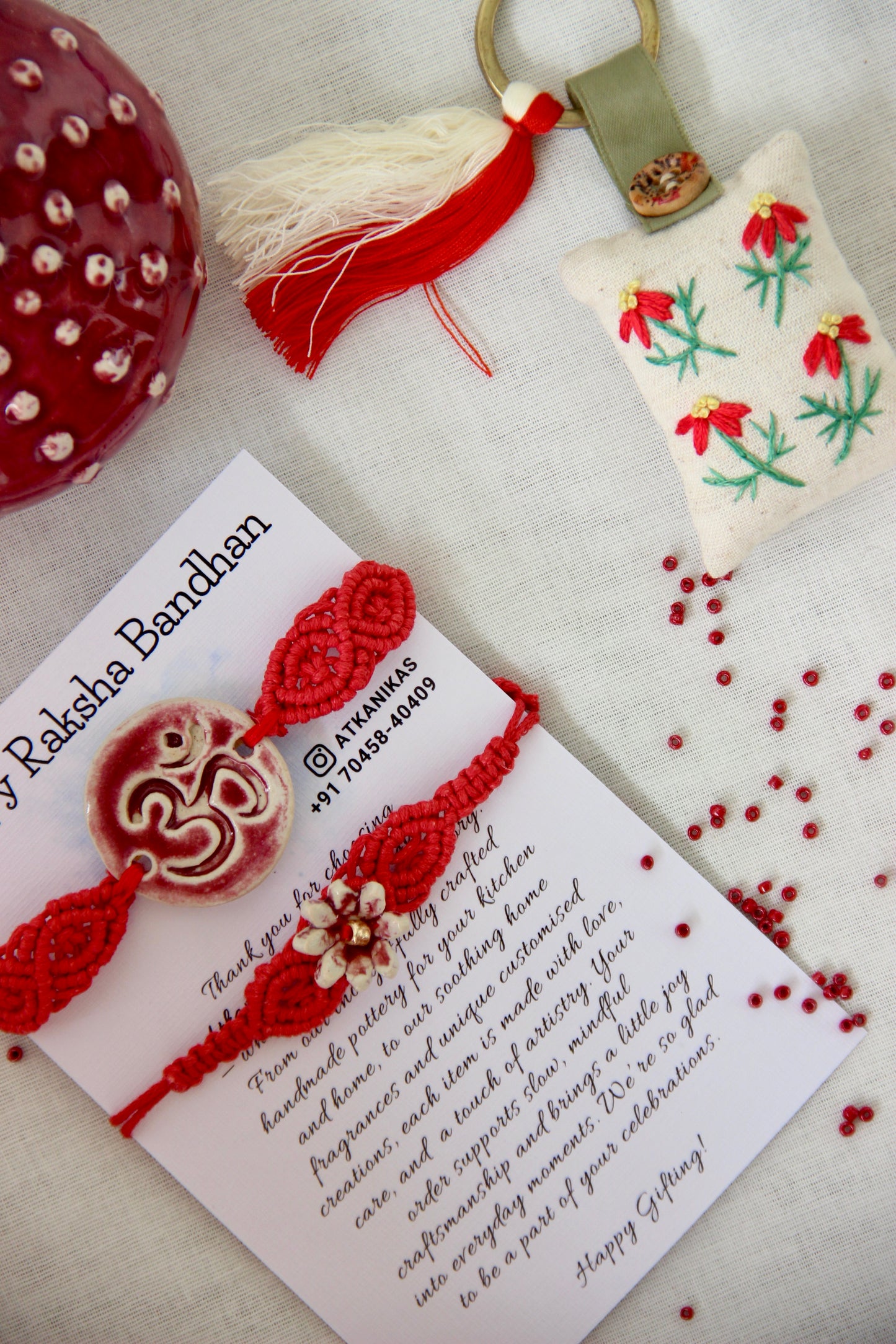 Blessing & Bloom Set - Couple Rakhi for Bhaiya & Bhabhi | Crimson Clay