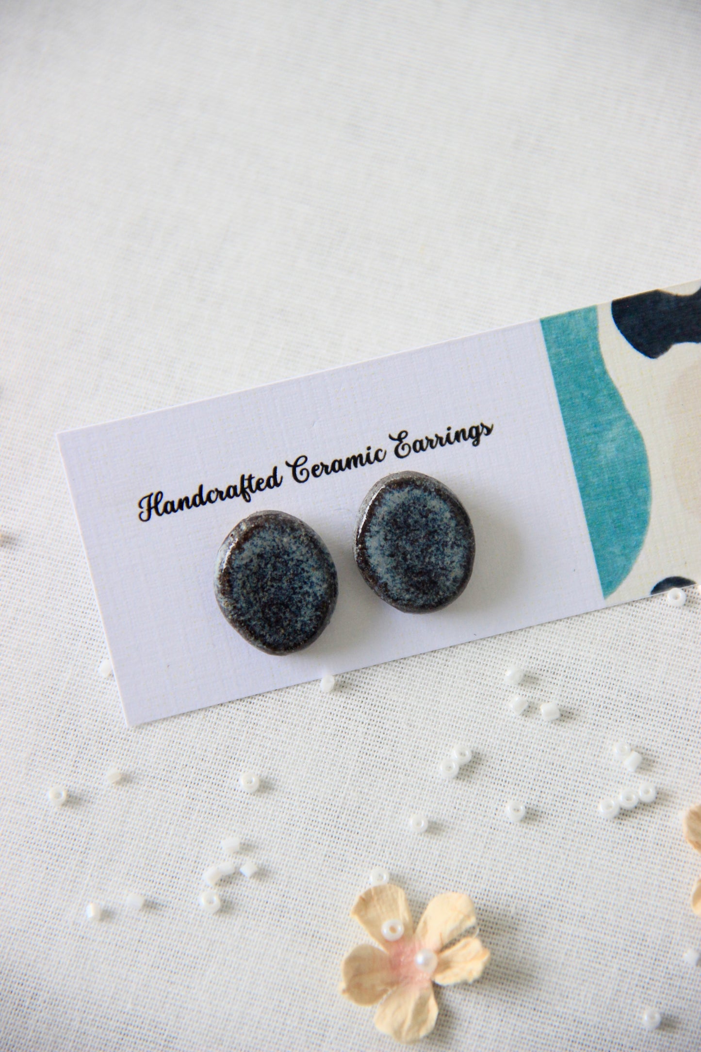 18k Gold Plated Stainless Steel Handmade Ceramic Studs Oval | Moonstone
