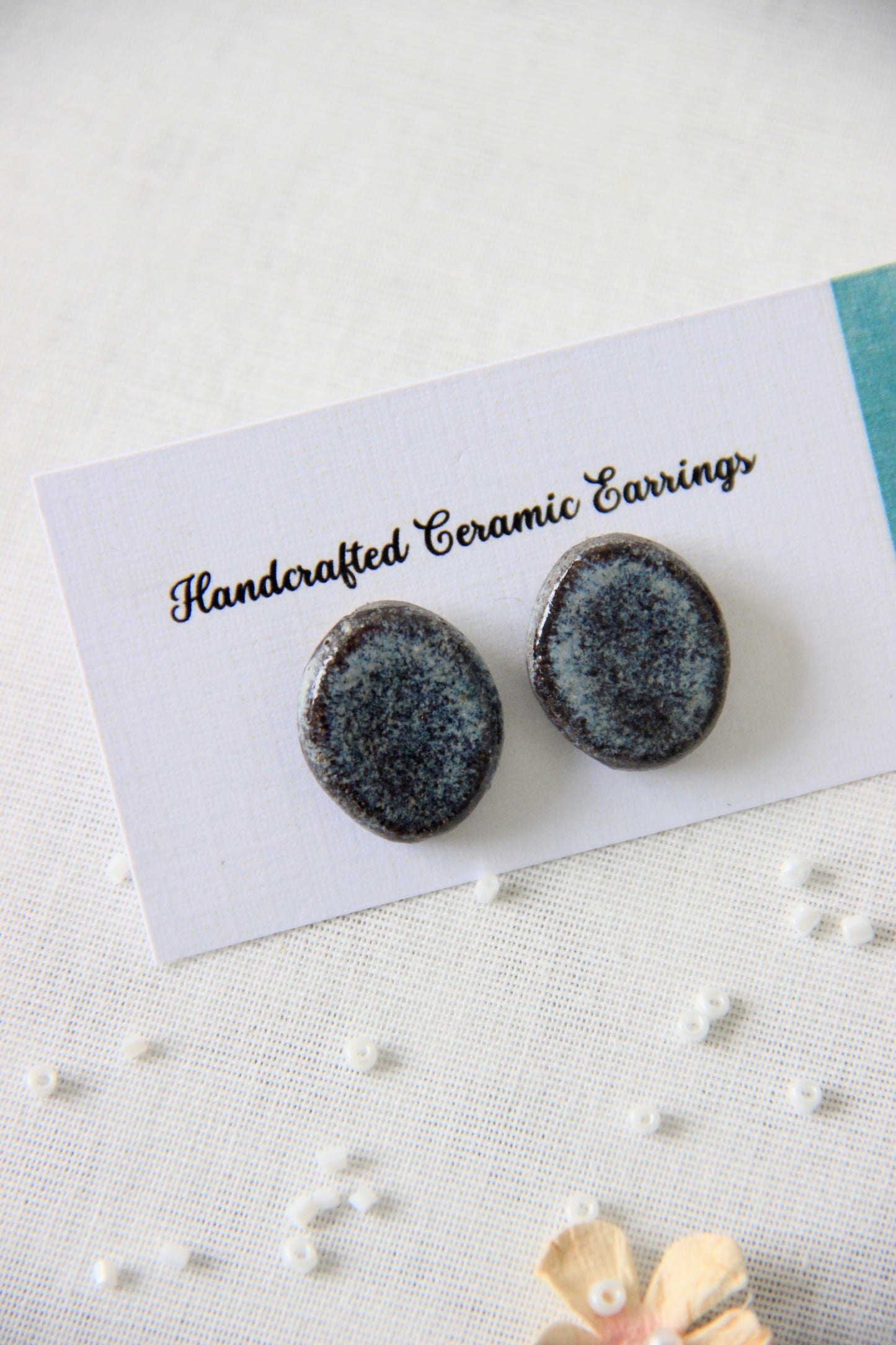 18k Gold Plated Stainless Steel Handmade Ceramic Studs Oval | Moonstone