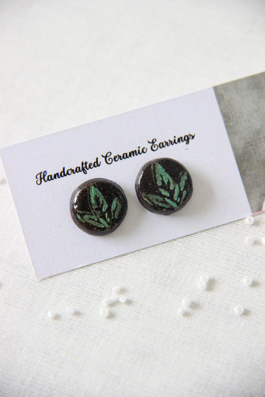 18k Gold Plated Stainless Steel Hand painted Ceramic Studs Round | Forest Whisper