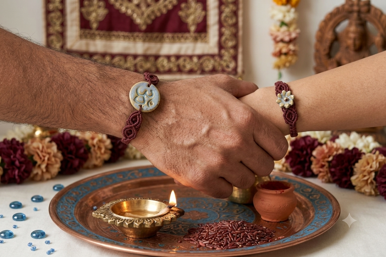 Blessing & Bloom Set - Couple Rakhi for Bhaiya & Bhabhi | Misty Blue