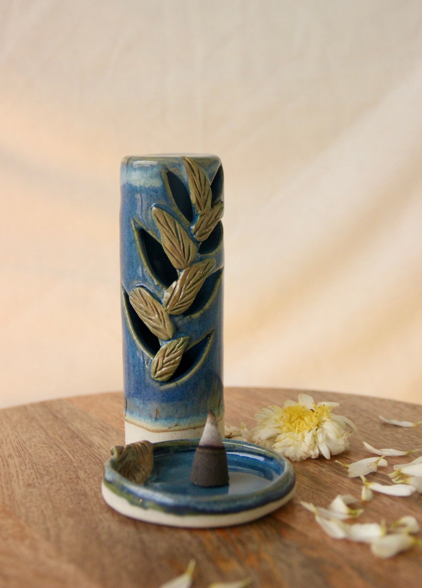 Mystic Leaf Ceramic Incense Cone Holder | Blue