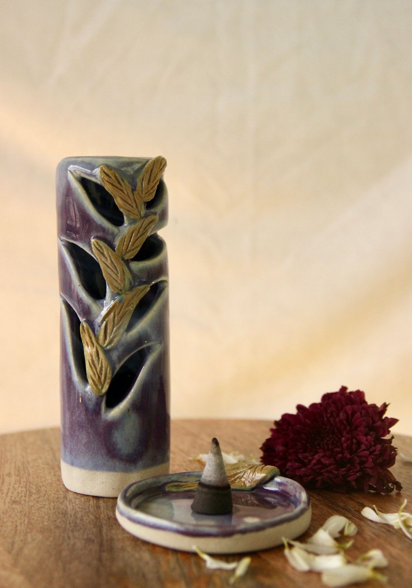 Mystic Leaf Ceramic Incense Cone Holder | Purple