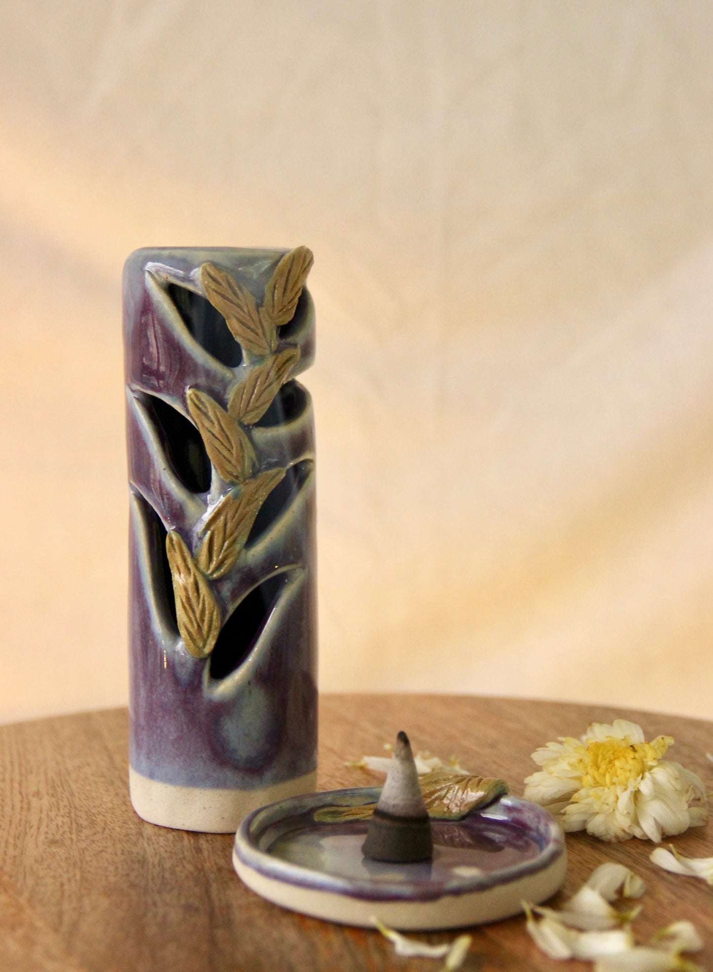 Mystic Leaf Ceramic Incense Cone Holder | Purple