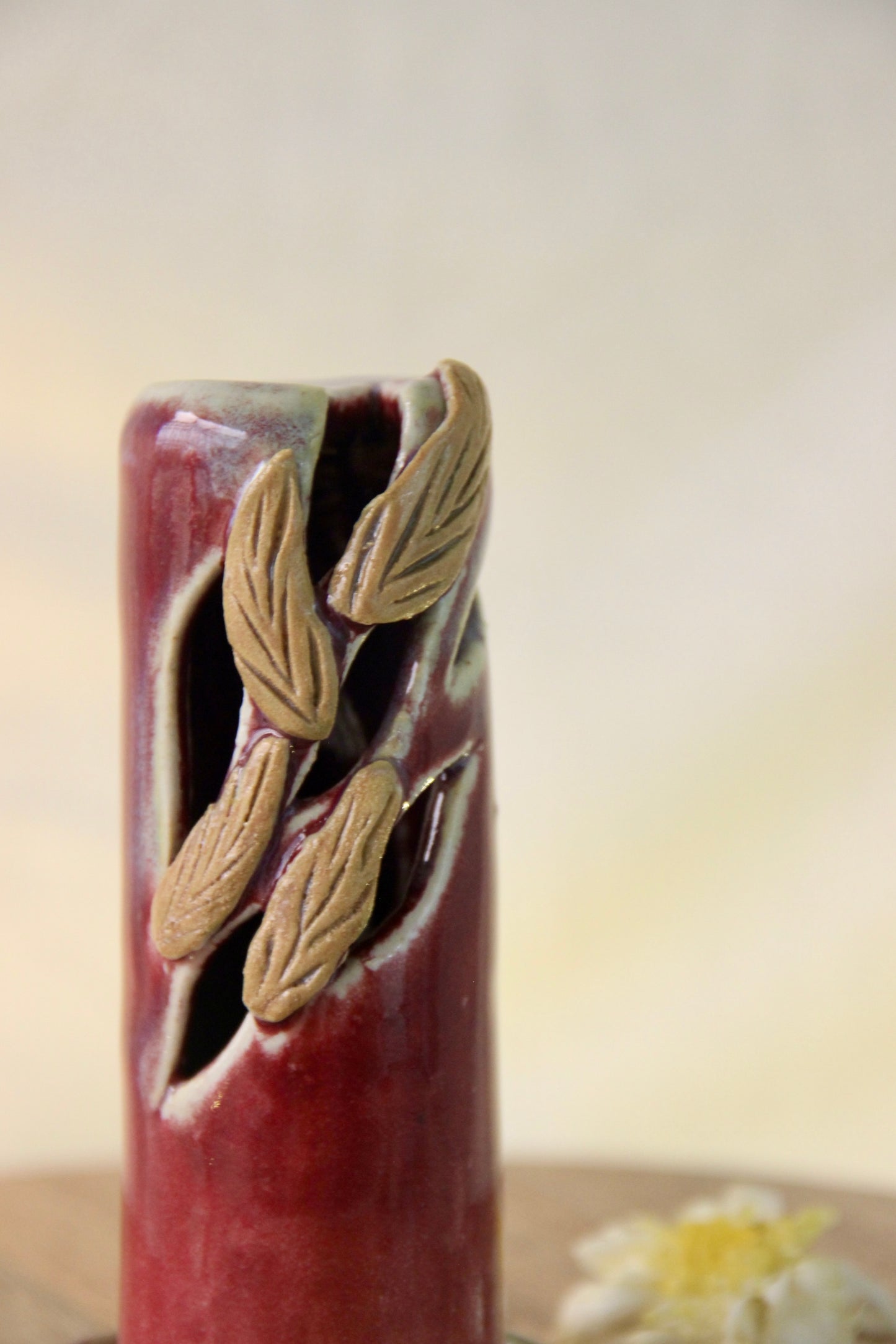 Mystic Leaf Ceramic Incense Cone Holder | Red