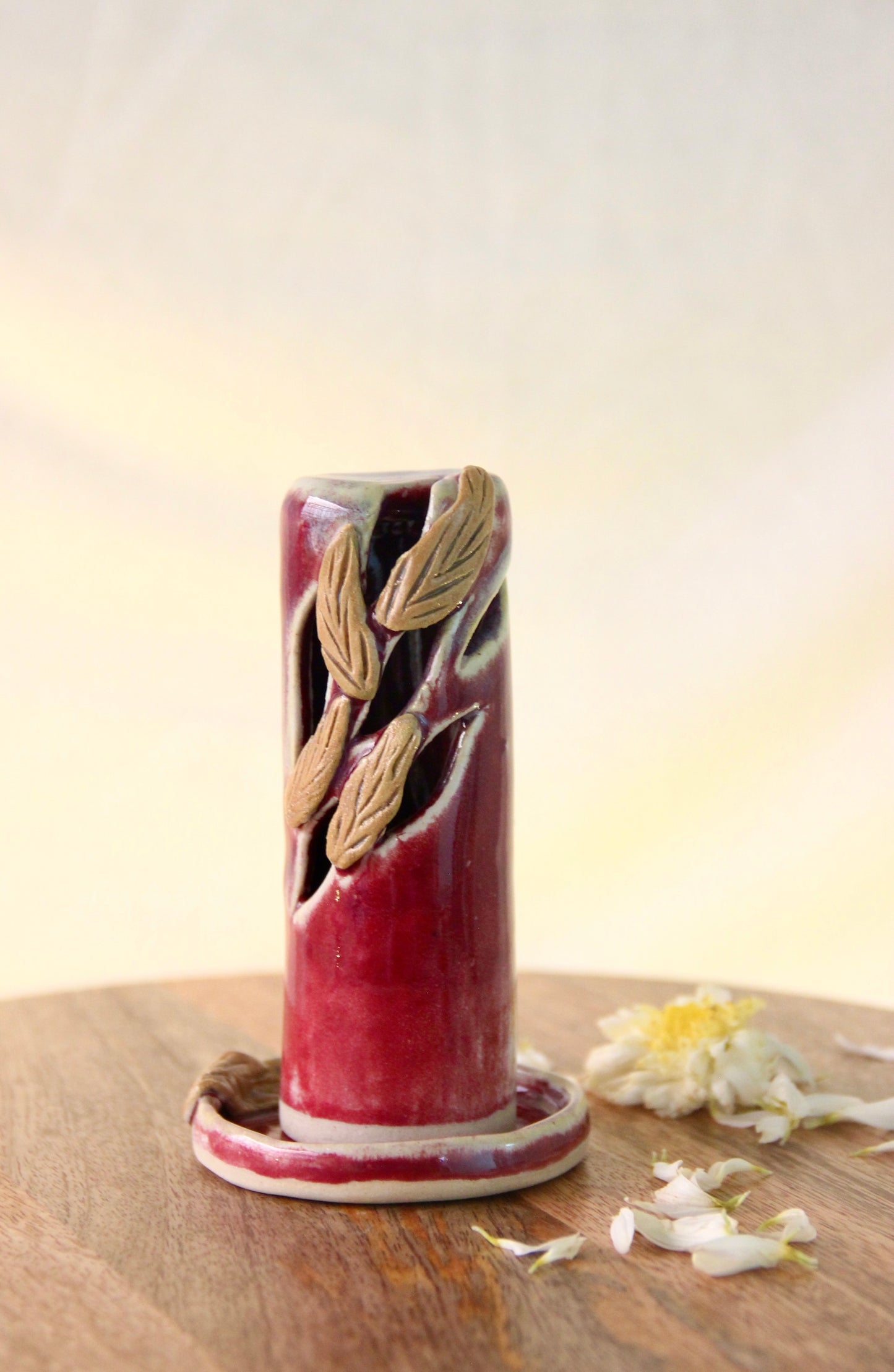 Mystic Leaf Ceramic Incense Cone Holder | Red