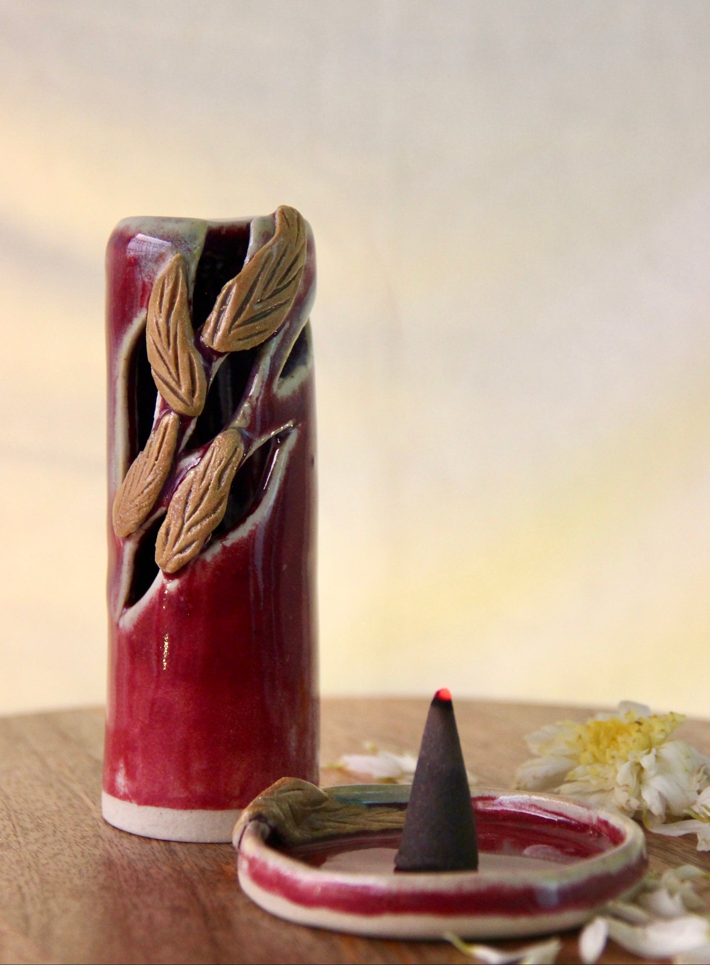 Mystic Leaf Ceramic Incense Cone Holder | Red